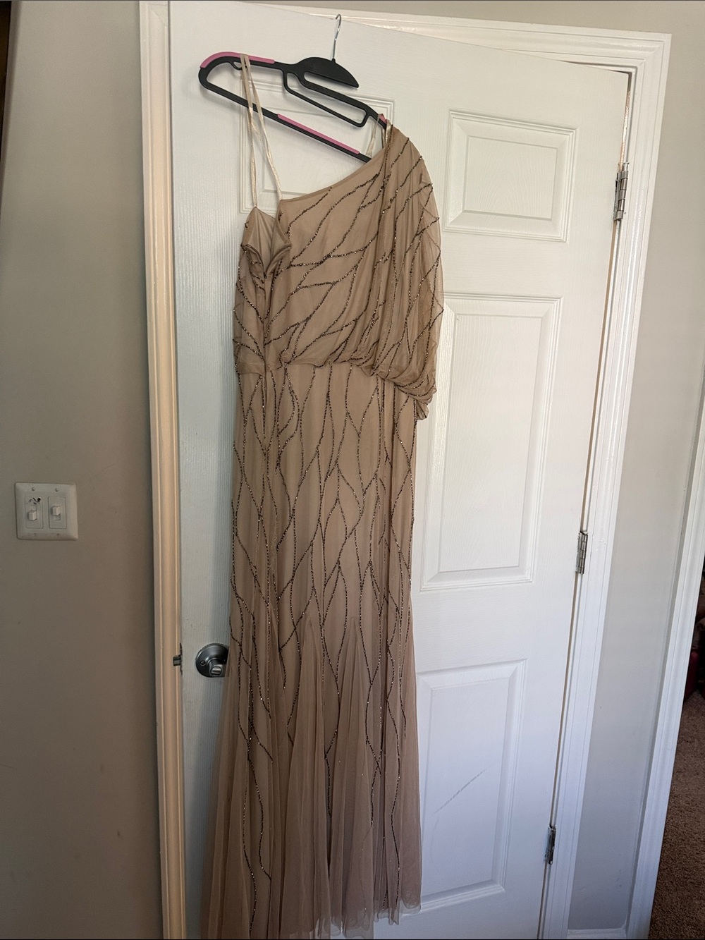 Adrianna Papell Taupe One-Shoulder Beaded Evening Gown
